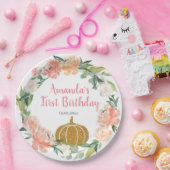 モモの花柄私達の小さいカボチャ誕生日 ペーパープレート (パーティー)