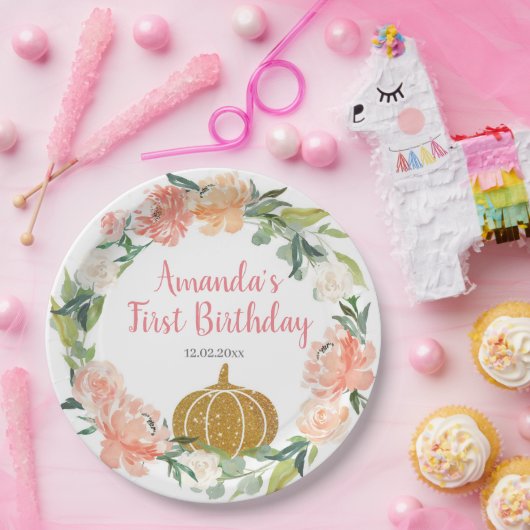 モモの花柄私達の小さいカボチャ誕生日 ペーパープレート (パーティー)