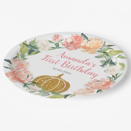 モモの花柄私達の小さいカボチャ誕生日 ペーパープレート (アングル)