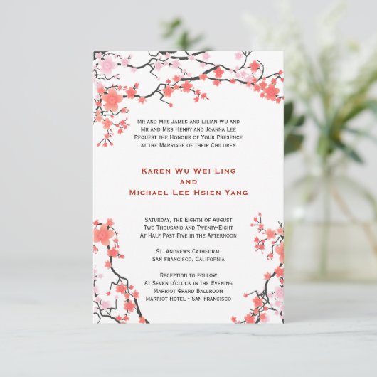 モモの赤い及びピンクの桜の東洋の結婚式 招待状 (スタンド正面)