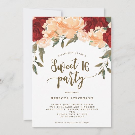 モモの赤い花の菓子16のパーティの招待状 招待状 (正面)