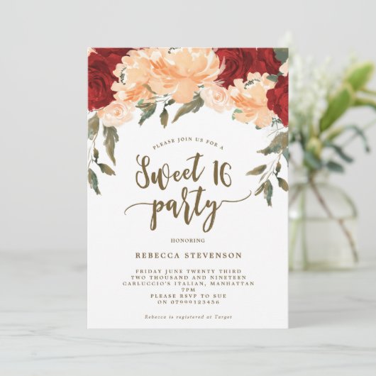 モモの赤い花の菓子16のパーティの招待状 招待状 (スタンド正面)