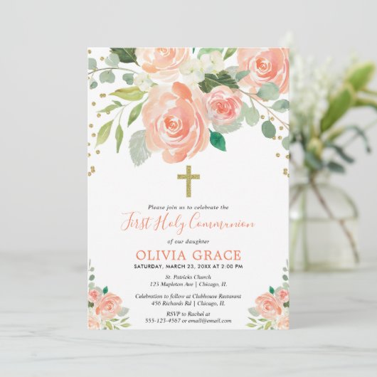 モモの金ゴールドの花の水彩画の最初聖餐式 招待状 (スタンド正面)