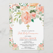 モモの金ゴールドの花の水彩画の最初聖餐式 招待状 (正面/裏面)