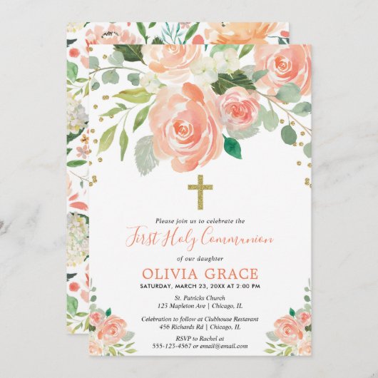 モモの金ゴールドの花の水彩画の最初聖餐式 招待状 (正面/裏面)