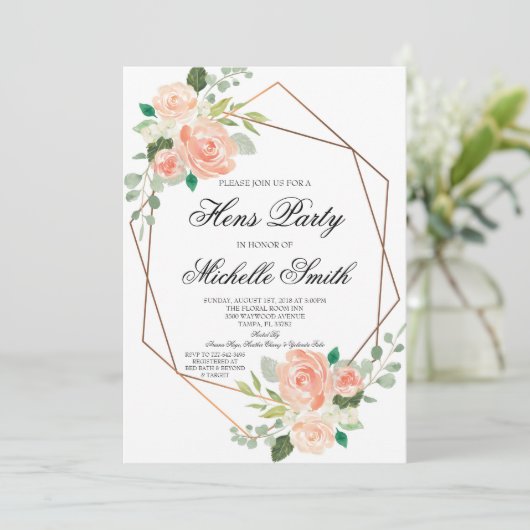 モモのBohoの花の幾何学的な雌鶏のパーティの招待状 招待状 (スタンド正面)