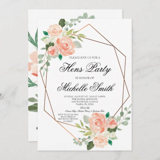 モモのBohoの花の幾何学的な雌鶏のパーティの招待状 招待状 (正面/裏面)