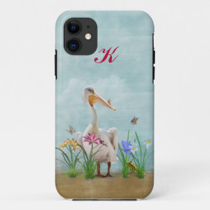 モモイロペリカン、花および蝶のモノグラム iPhone 11 ケース
