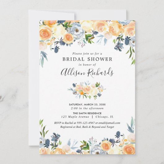 モモサンゴブルーフローラ水彩ブライダルシャワー 招待状 (正面)