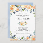 モモサンゴブルーフローラ水彩ブライダルシャワー 招待状 (正面/裏面)