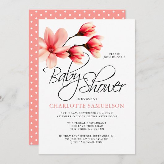 モモサーモンフローラマグノリアベビーシャワー 招待状 (正面/裏面)