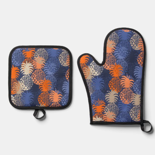 モモナハワイアントロピカルパイナップルブルーオレンジ 鍋つかみ&鍋敷きセット (正面)