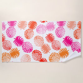 モモナハワイアン熱帯パイナップル – ピンク – 白 ビーチタオル