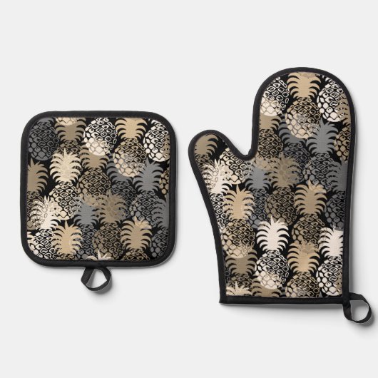 モモナハワイアン熱帯性パイナップルブラックトープ 鍋つかみ&鍋敷きセット (正面)