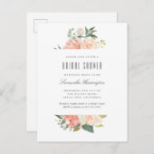 モモ及びクリームの水彩画の花柄のブライダルシャワー インビテーションポストカード (正面/裏面)