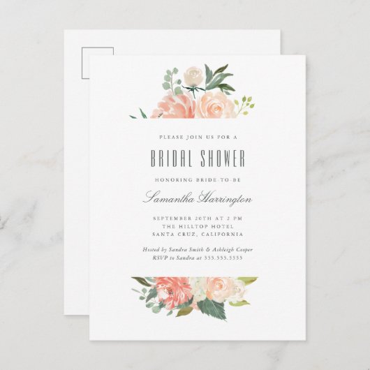 モモ及びクリームの水彩画の花柄のブライダルシャワー インビテーションポストカード (正面/裏面)