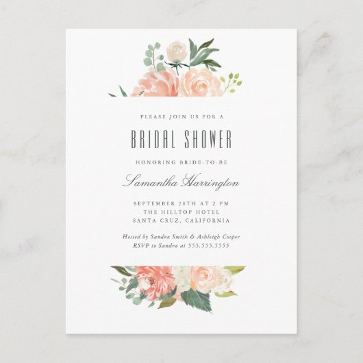 モモ及びクリームの水彩画の花柄のブライダルシャワー インビテーションポストカード (正面)