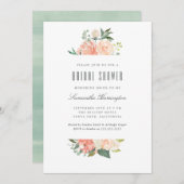 モモ及びクリームの水彩画の花柄のブライダルシャワー 招待状 (正面/裏面)