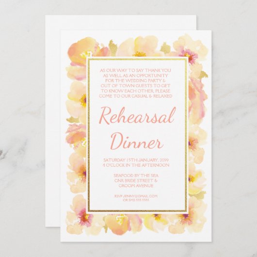 モモ及びクリーム色の金ゴールドのリハーサルの夕食の招待 招待状 (正面/裏面)