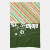 モモ及びストライプのな深緑色; アロハ キッチンタオル (縦)