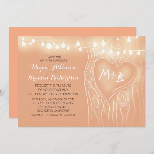 モモ色のひもは木のロマンチックな結婚式をつけます 招待状 (正面/裏面)