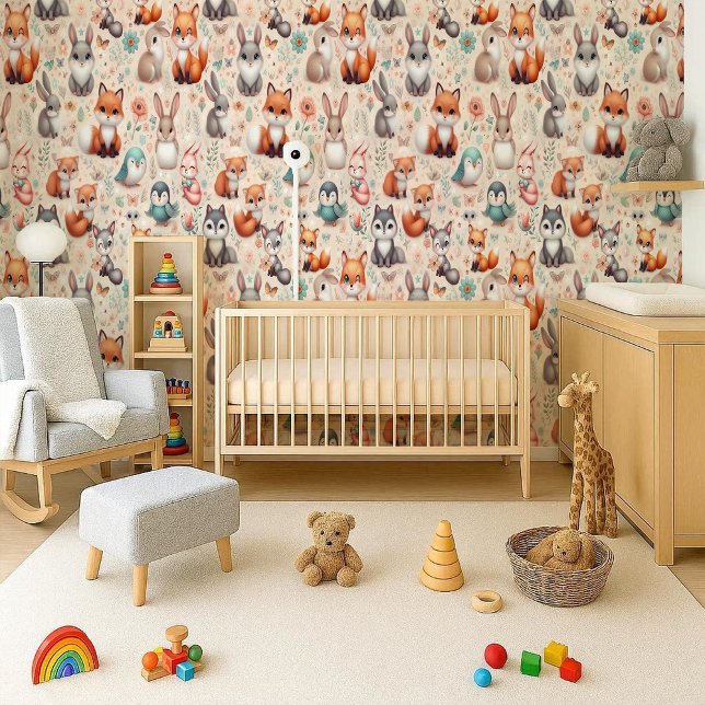 モリのキツネとウサギの水彩画　子供部屋の壁紙 壁紙 (Woodland Fox Bunny Watercolor Nursery Wallpaper)