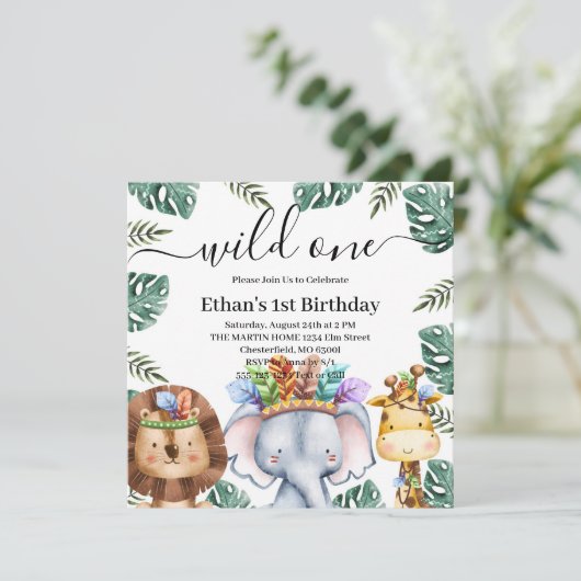 モリのワイルドワン アニマルズ 森の動物 1歳の誕生日 招待状 (スタンド正面)