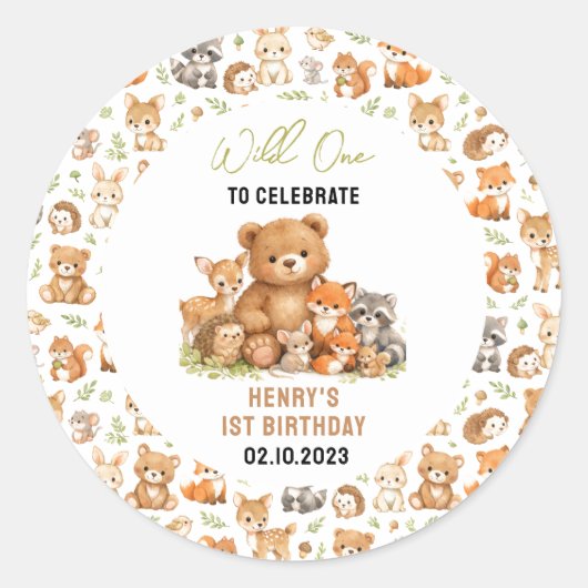 モリの動物たち Wild One 1歳の誕生日 ラウンドシール (正面)