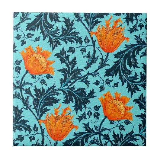 モリスアネモネ模様、インディゴブルー、サンゴ タイル (正面)