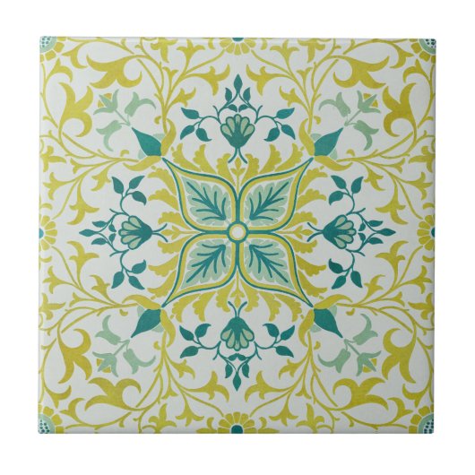 モリスイエローターコイズつる植物&フラワーパターン タイル (正面)