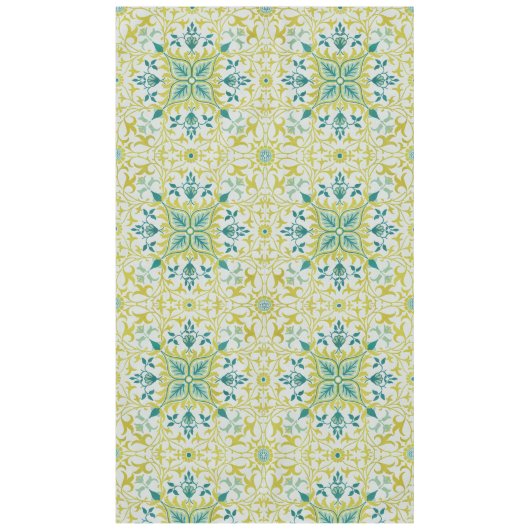 モリスイエローターコイズつる植物&フラワーパターン テーブルクロス (正面)