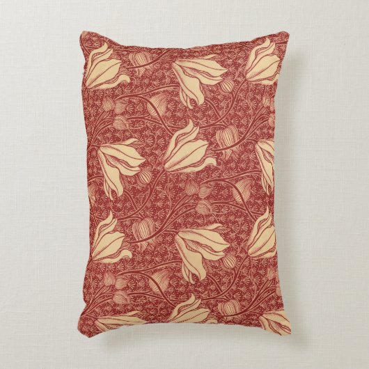 モリスインスパイアユリ花植物赤テキスタイル アクセントクッション (正面(垂直))