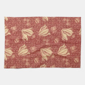 モリスインスパイアユリ花植物赤テキスタイル キッチンタオル (横)