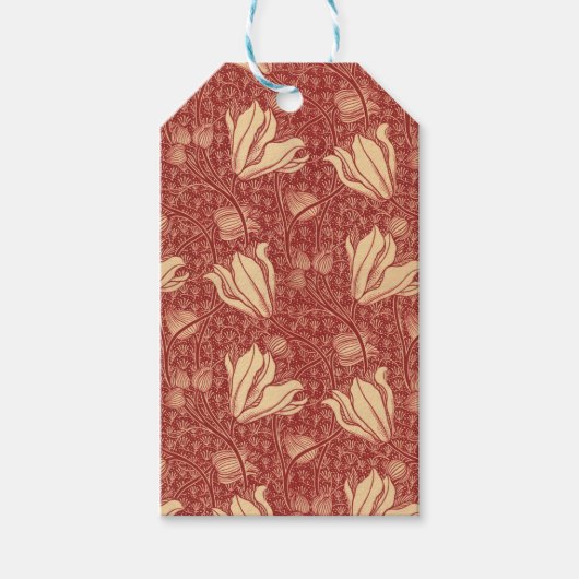 モリスインスパイアユリ花植物赤テキスタイル ギフトタグ (正面)