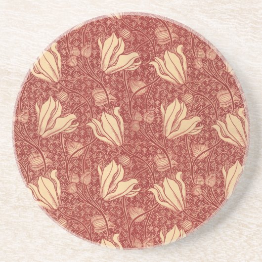 モリスインスパイアユリ花植物赤テキスタイル コースター (正面)