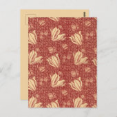 モリスインスパイアユリ花植物赤テキスタイル ポストカード (正面/裏面)