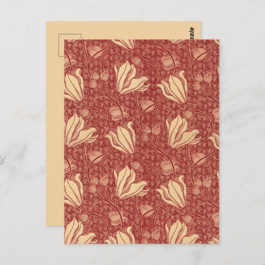 モリスインスパイアユリ花植物赤テキスタイル ポストカード (正面/裏面)