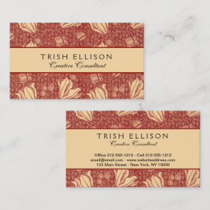 モリスインスパイアユリ花植物赤テキスタイル 名刺