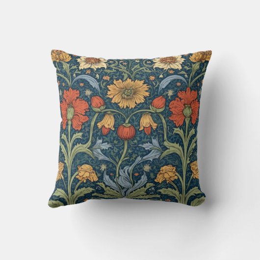 モリススタイルフローラピローネイビーオレンジヴィンテージ クッション (裏面)