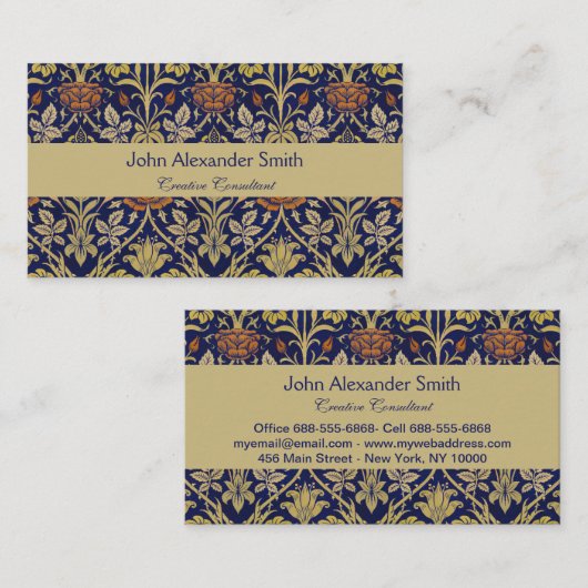 モリスブルー背景バラ&リリーフラワーパターン 名刺 (正面/裏面)