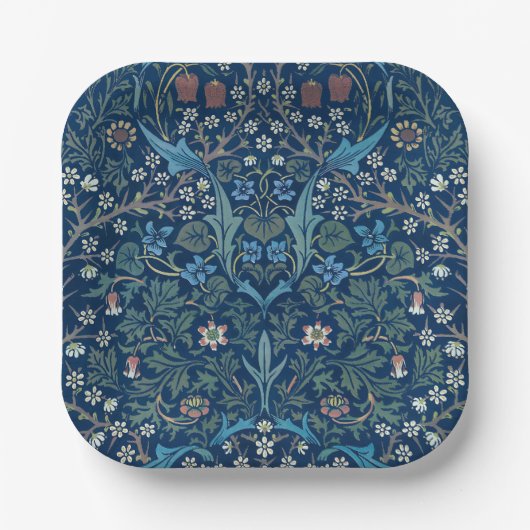 モリスブルー背景ヴィンテージブラックソーンパターン ペーパープレート (正面)