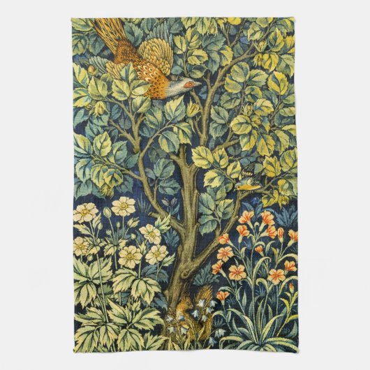 モリスヴィンテージキジのリス&フラワーパターン キッチンタオル (縦)