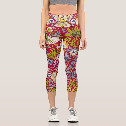 モリス赤い背景イチゴ泥棒パターン カプリレギンス (正面)