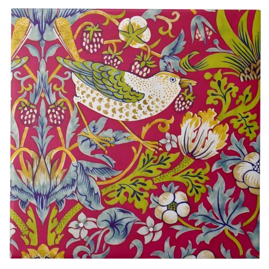 モリス赤い背景イチゴ泥棒パターン タイル (正面)