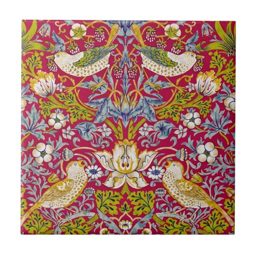 モリス赤い背景イチゴ泥棒パターン タイル (正面)