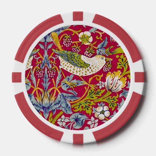 モリス赤い背景イチゴ泥棒パターン ポーカーチップ (正面)