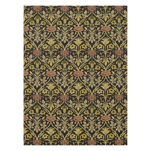 モリス黒背景バラ&ユリ花柄 テーブルクロス (正面)