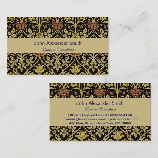 モリス黒背景バラ&ユリ花柄 名刺 (正面/裏面)