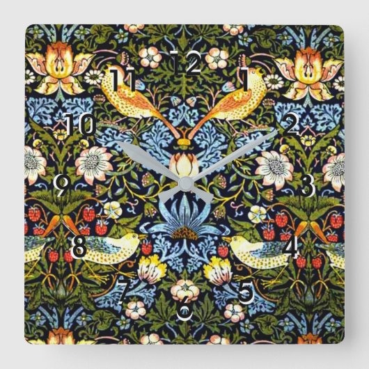 モリス – イチゴ泥棒、有名なデザイン スクエア壁時計 (正面)