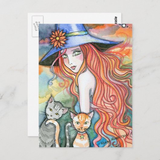 モリー・ハリソンによるウィッチキャットハロウィーンアートポストカード ポストカード (正面/裏面)